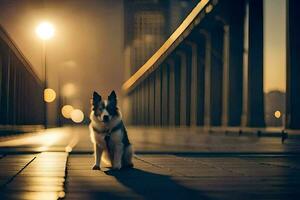 une chien séance sur une pont à nuit. généré par ai photo