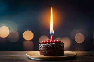 une Chocolat anniversaire gâteau avec une Célibataire bougie sur Haut. généré par ai photo