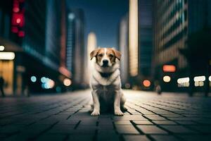 une chien séance sur le sol dans une ville à nuit. généré par ai photo