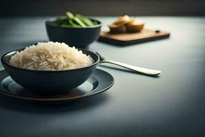 une bol de riz et une cuillère sur une tableau. généré par ai photo