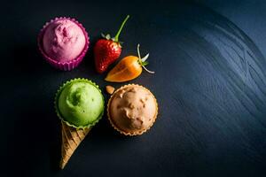 la glace crème dans une cône avec des fraises et autre des fruits. généré par ai photo