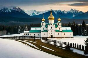 une église dans le neige avec montagnes dans le Contexte. généré par ai photo