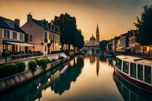 une canal dans le milieu de une ville à le coucher du soleil. généré par ai photo