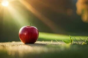 un Pomme est assis sur le herbe dans de face de le Soleil. généré par ai photo