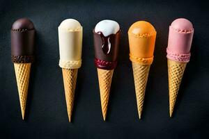 cinq la glace crème cônes avec différent les saveurs sur eux. généré par ai photo