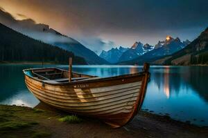 une bateau est assis sur le rive de une Lac à le coucher du soleil. généré par ai photo