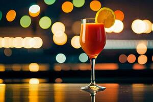 une verre de Orange jus avec une tranche de Orange sur le jante. généré par ai photo