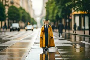 une Renard dans une Jaune manteau permanent sur une humide rue. généré par ai photo