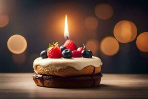 une anniversaire gâteau avec baies et une bougie. généré par ai photo