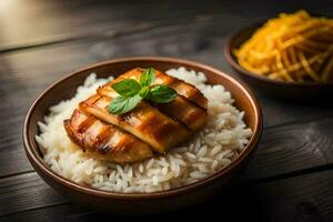 poulet Sein avec riz et des légumes sur une en bois tableau. généré par ai photo