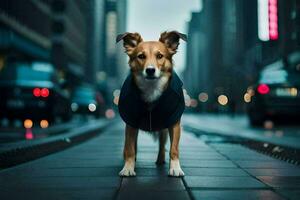 une chien portant une veste permanent sur une ville rue. généré par ai photo