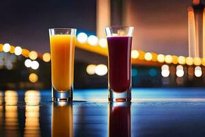 deux des lunettes de Orange jus sur une table dans de face de une pont. généré par ai photo