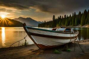 une bateau sur le rive de une Lac à le coucher du soleil. généré par ai photo