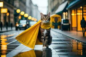 une chat portant une Jaune cap sur une pluvieux rue. généré par ai photo