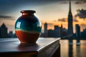 une vase séance sur une table avec une ville horizon dans le Contexte. généré par ai photo