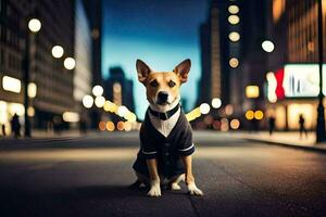 une chien dans une costume et attacher séance sur le rue. généré par ai photo