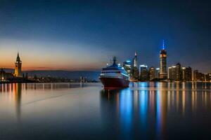 une croisière navire dans le l'eau à nuit avec le ville horizon dans le Contexte. généré par ai photo