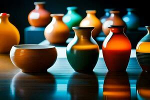 une groupe de coloré des vases séance sur une tableau. généré par ai photo