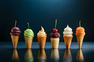 différent les saveurs de la glace crème dans cônes. généré par ai photo