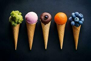 cinq la glace crème cônes avec différent les saveurs de la glace crème. généré par ai photo