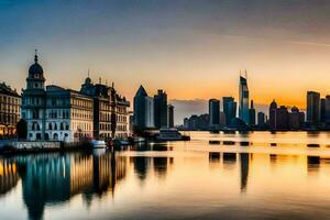 le ville horizon est réfléchi dans le l'eau à le coucher du soleil. généré par ai photo