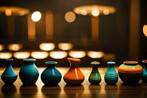 une rangée de coloré des vases sur une tableau. généré par ai photo