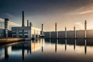 une usine avec fumée piles et l'eau. généré par ai photo