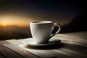 une tasse de café sur une en bois table avec le Soleil réglage derrière il. généré par ai photo