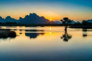 le Soleil ensembles plus de le montagnes et l'eau. généré par ai photo