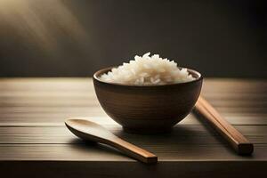 une bol de riz et baguettes sur une en bois tableau. généré par ai photo