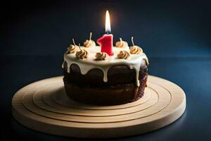 une Chocolat anniversaire gâteau avec une brûlant bougie sur Haut. généré par ai photo