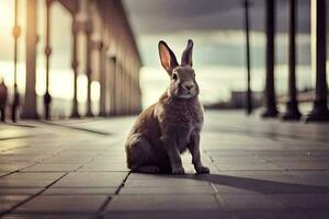 une lapin séance sur le sol dans de face de une bâtiment. généré par ai photo