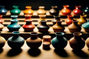 une rangée de coloré des vases sur une tableau. généré par ai photo
