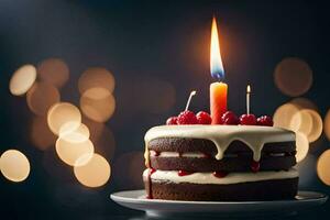 une anniversaire gâteau avec une bougie sur Haut. généré par ai photo