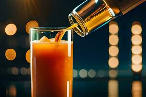 une la personne verse Orange jus dans une verre. généré par ai photo