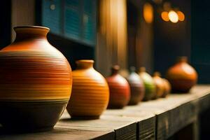 une rangée de coloré des vases sur une en bois étagère. généré par ai photo