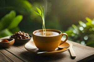 une tasse de café avec une vert plante sur le tableau. généré par ai photo