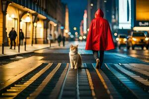 une la personne dans une rouge manteau en marchant une chien sur une ville rue. généré par ai photo