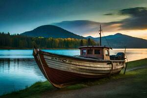 une bateau est assis sur le rive de une Lac à le coucher du soleil. généré par ai photo