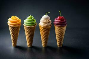 cinq la glace crème cônes avec différent couleurs. généré par ai photo