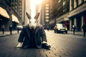 une lapin dans une costume et attacher séance sur le sol. généré par ai photo