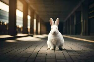 une blanc lapin séance sur une brique passerelle. généré par ai photo