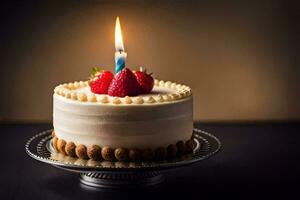 une anniversaire gâteau avec une Célibataire bougie. généré par ai photo