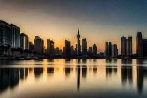 le horizon de Dubai à le coucher du soleil. généré par ai photo