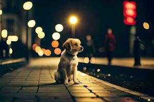 une chien séance sur le trottoir à nuit. généré par ai photo