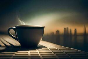 une tasse de café sur une table avec une ville dans le Contexte. généré par ai photo