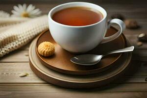 une tasse de thé sur une en bois tableau. généré par ai photo