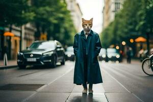 une Renard portant une manteau et permanent sur le rue. généré par ai photo