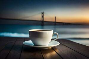 le pont, café, tasse, soucoupe, tableau, coucher de soleil, HD fond d'écran. généré par ai photo