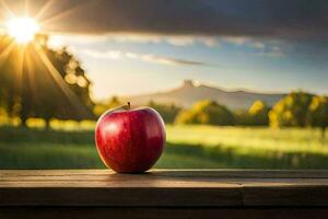 une rouge Pomme sur une en bois table dans de face de une le coucher du soleil. généré par ai photo